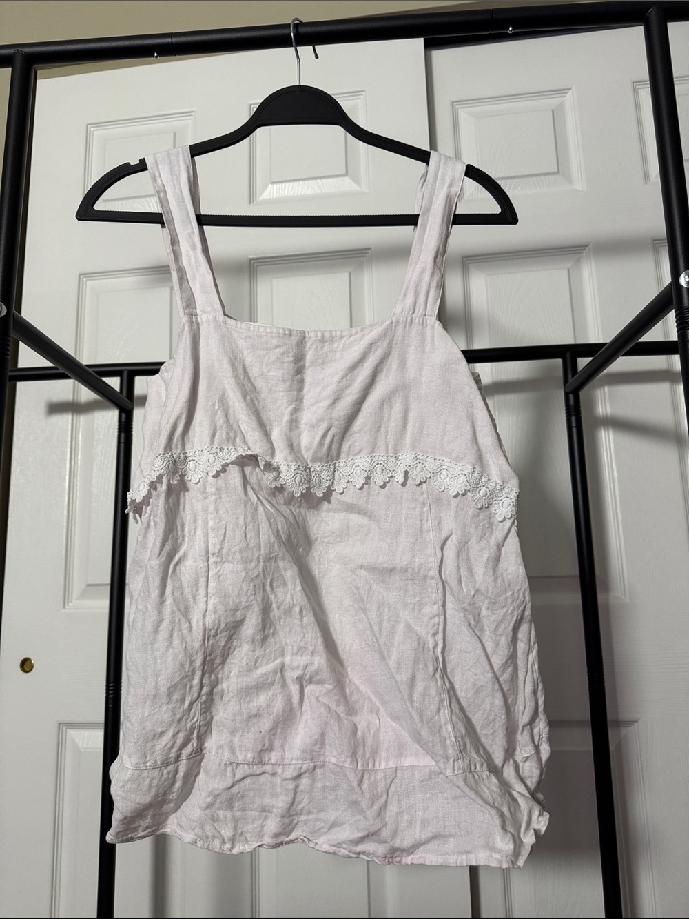 Light Pink Lace-Trim Linen Blend Camisole Tank